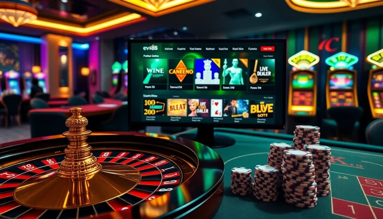 Engage with thrilling games at link ev88 within an elegant online casino environment showcasing vibrant roulette and poker.
