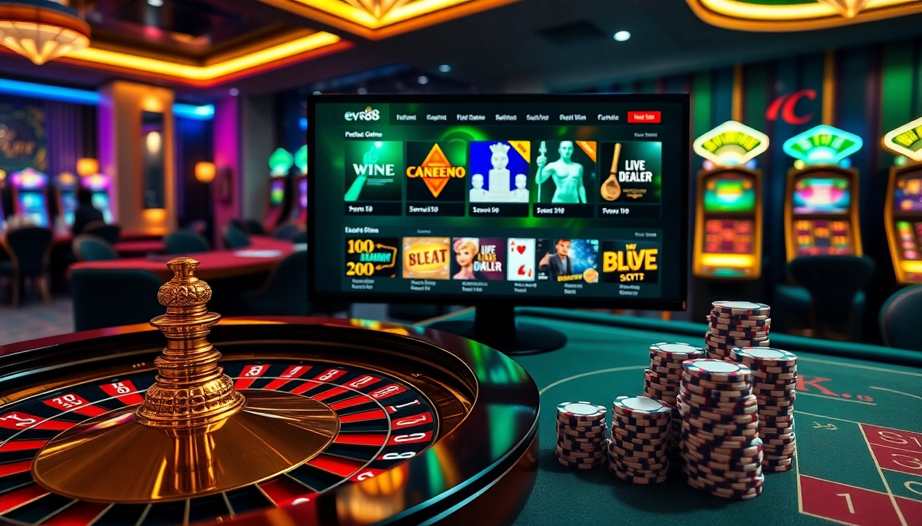 Engage with thrilling games at link ev88 within an elegant online casino environment showcasing vibrant roulette and poker.