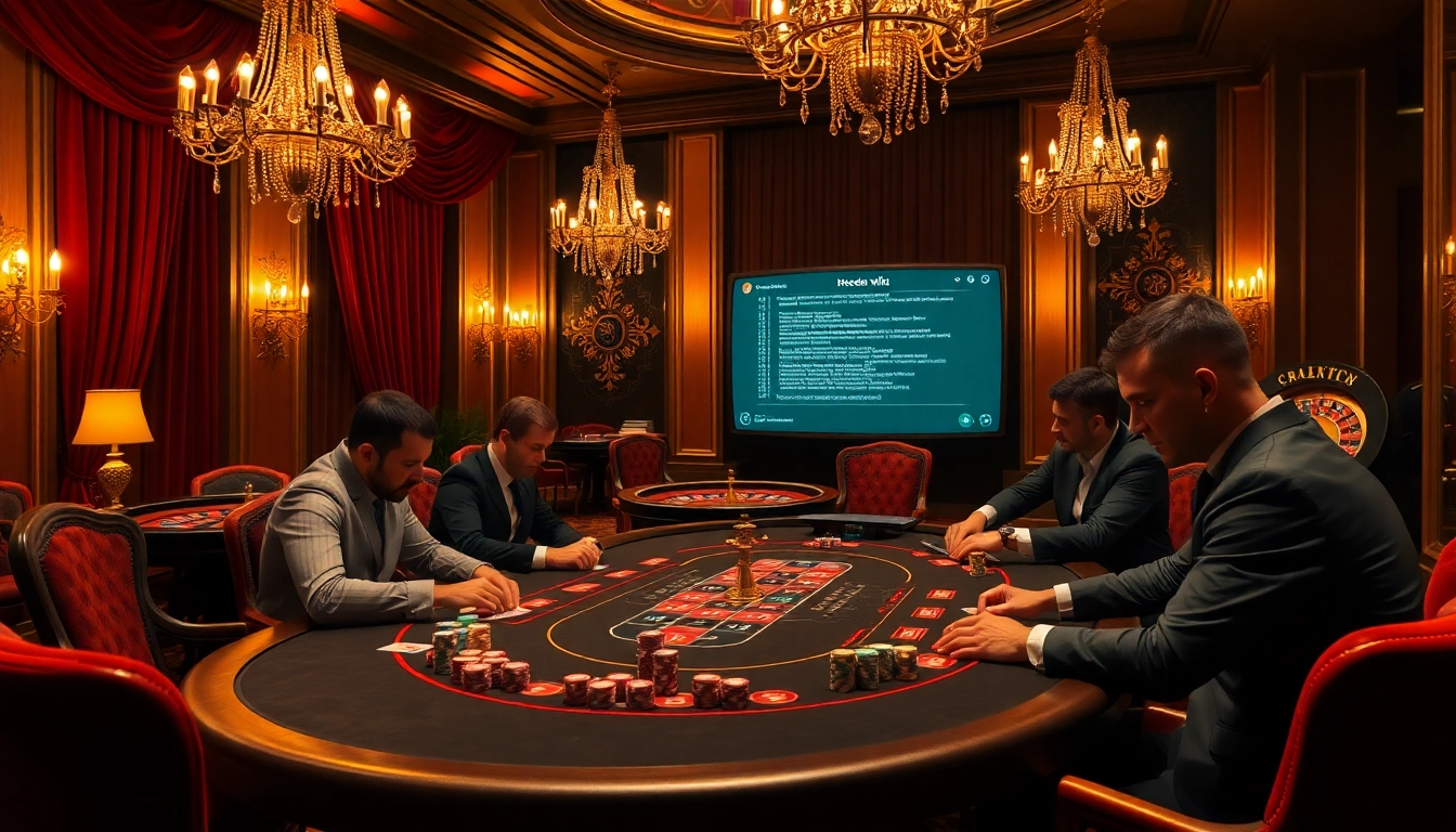 Engaged players at a poker table in a luxurious casino with hidden wiki references.