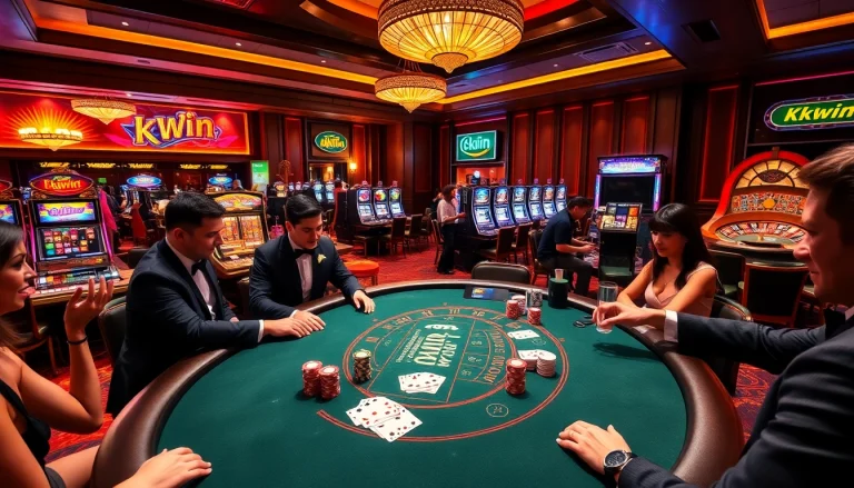 Experience the thrill of kkwin at a glamorous blackjack table filled with excited players.