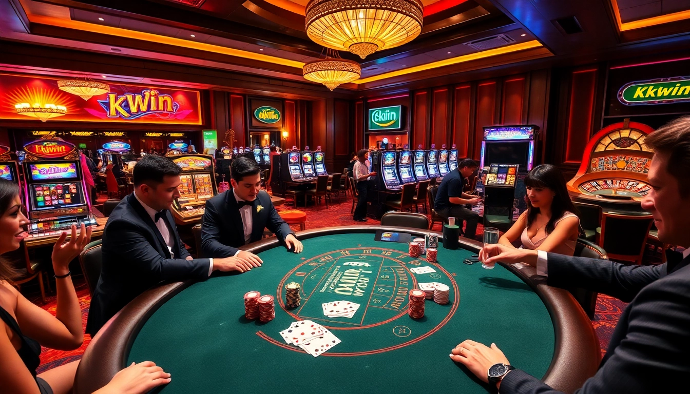 Experience the thrill of kkwin at a glamorous blackjack table filled with excited players.