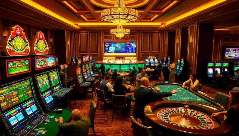 VMAX casino players experiencing thrilling gaming at vibrant slot machines and roulette tables.