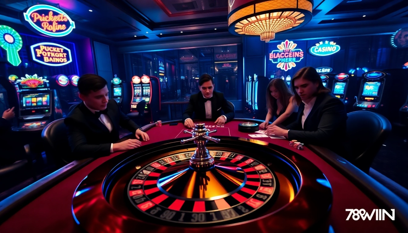 Experience the excitement of poker at 789win with players and colorful chips in a vibrant casino.