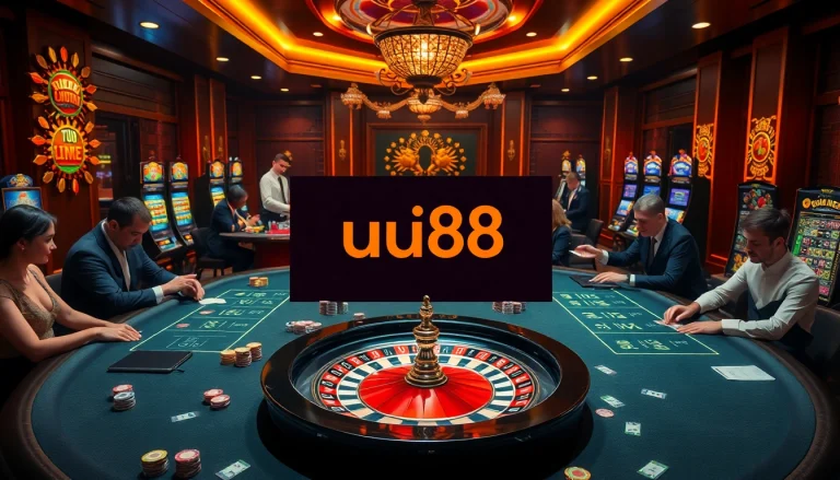 Players enjoying high-stakes games at the uu88 casino with vibrant atmosphere.