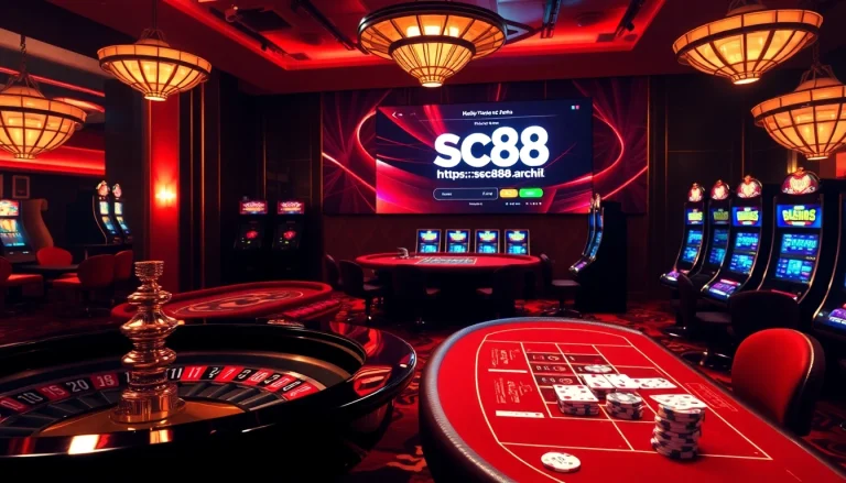 Experience thrilling gaming at https://sc88.archi/ with vibrant casino tables and colorful roulette wheels.
