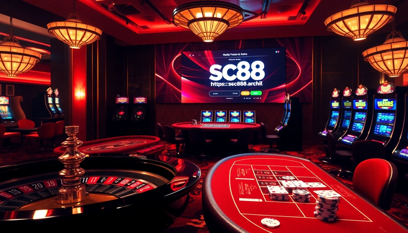 Experience thrilling gaming at https://sc88.archi/ with vibrant casino tables and colorful roulette wheels.