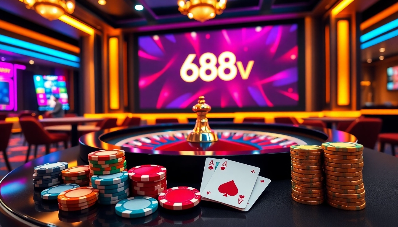 Experience the excitement of 688v with vibrant casino gaming visuals, featuring roulette, poker chips, and winning cards.