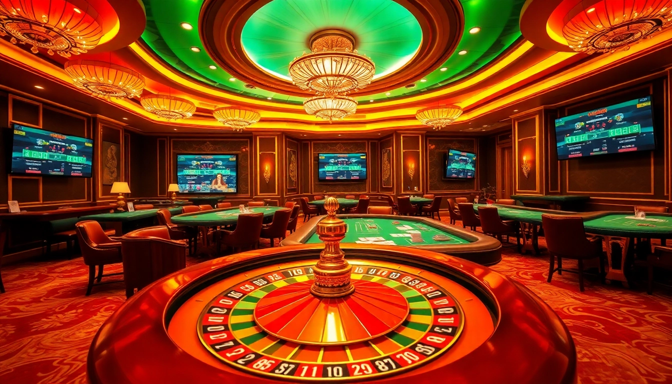 Playing poker and roulette in a luxurious casino setting featuring https://23win8b.com/ for online betting.