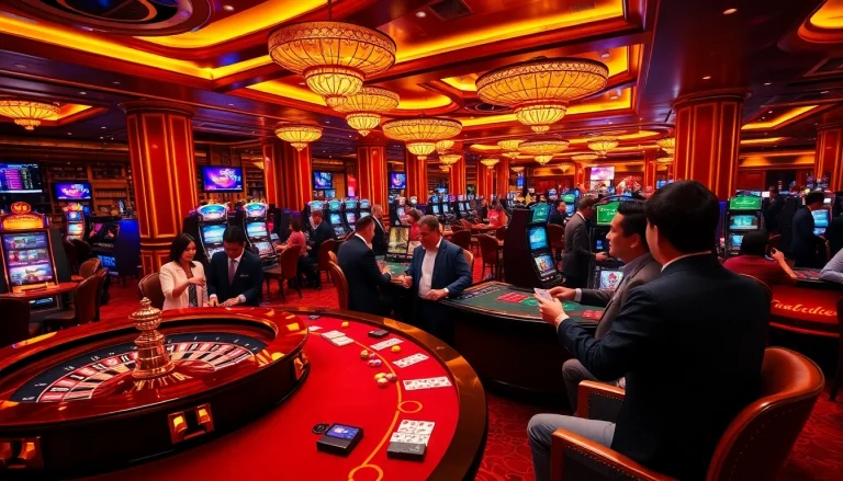 Players enjoying various gambling games at a luxurious casino featuring EE88 branding.