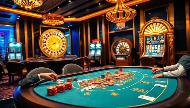 vn88 casino scene with players at a poker table and a roulette wheel in a luxurious setting