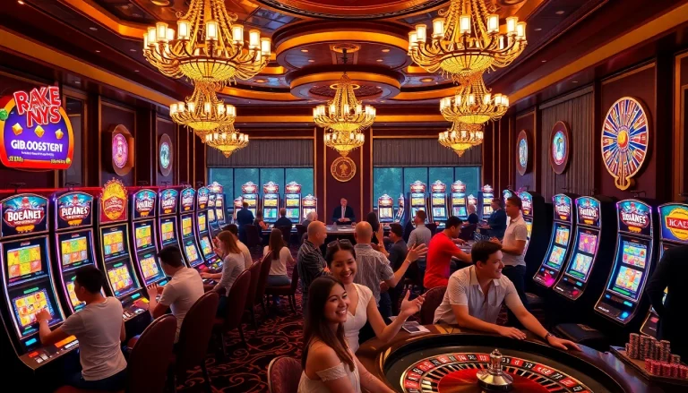 Bro138 slot machine area bustling with players celebrating wins and placing bets.