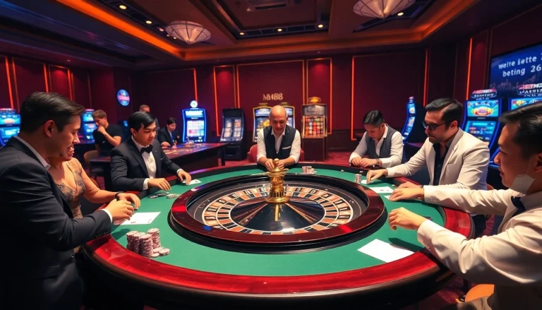 Exciting MM88 gaming scene featuring roulette, chips, and engaged players.