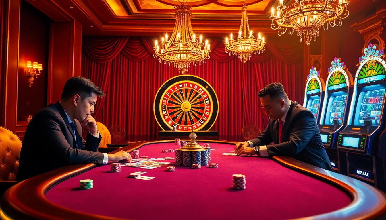 A thrilling poker game scene at https://new8838.net/, showcasing players, colorful chips, and a roulette wheel.