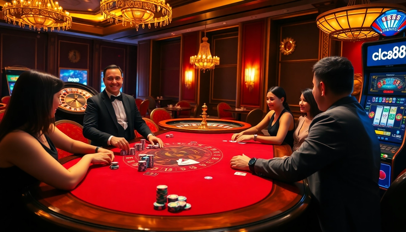 Experience high-stakes gambling at lc88 with vibrant poker chips, rich casino decor, and a welcoming dealer.