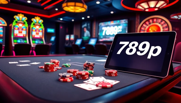 Engaging gambling scene highlighting 789p poker chips on a table with vibrant slot machines.