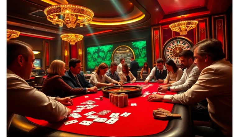 Players strategizing at a poker table in a dynamic casino environment at https://tt88.jpn.com/.