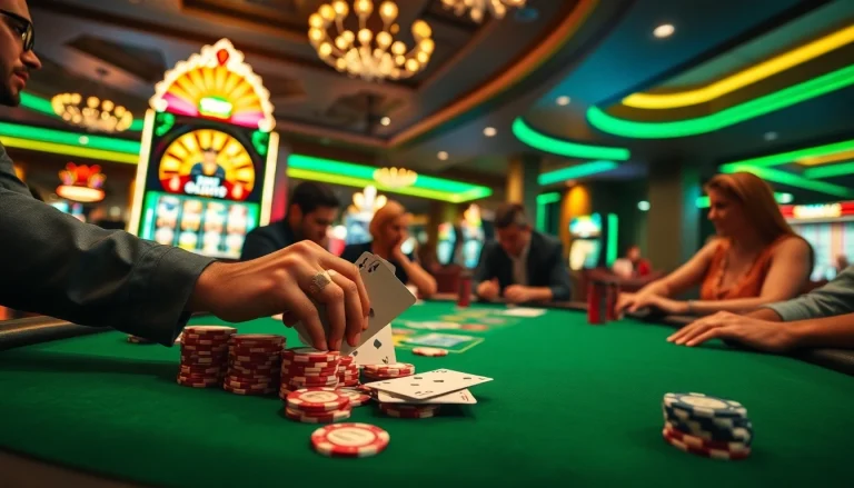 Engage in high-stakes poker action at a B52 casino table filled with colorful chips and illuminated slot machines.