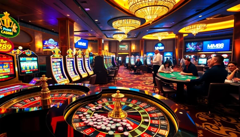 MM88 players enjoying an exciting casino experience with roulette, cards, and vibrant slot machines.