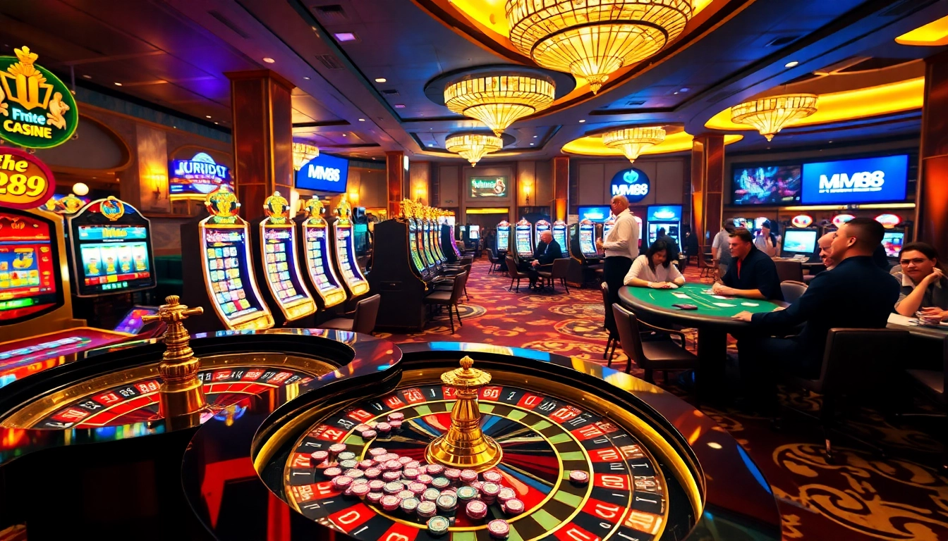 MM88 players enjoying an exciting casino experience with roulette, cards, and vibrant slot machines.