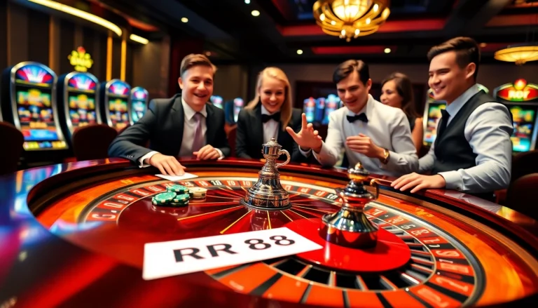 Experience the thrill of RR88 at a luxury casino with players at a roulette table.