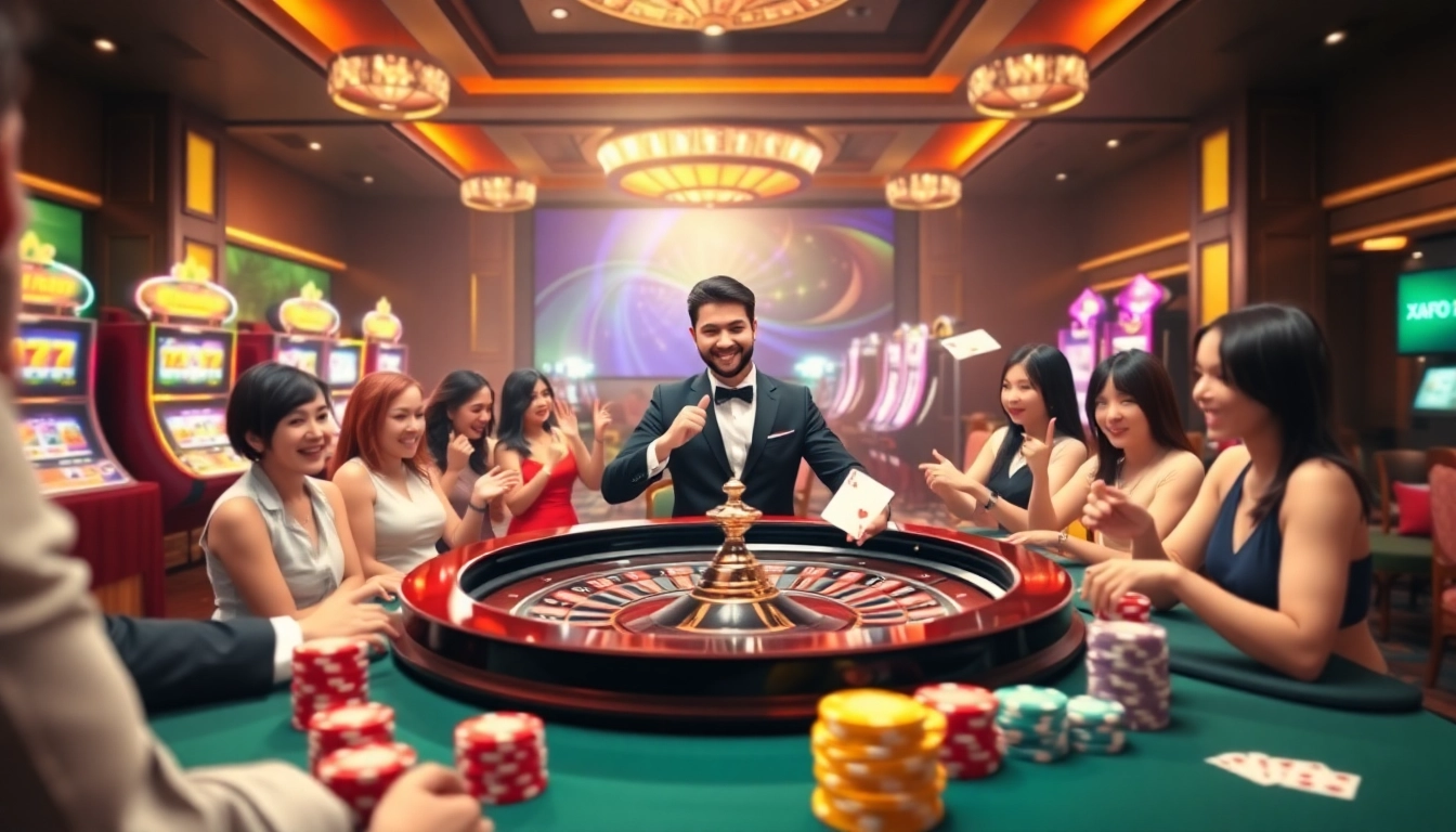 Xoso66 online casino scene with roulette table, excited players, and poker chips.