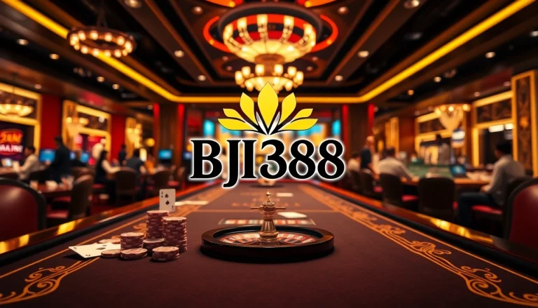 Experience the luxury and excitement of BJ388 at a vibrant casino table with poker chips and cards.