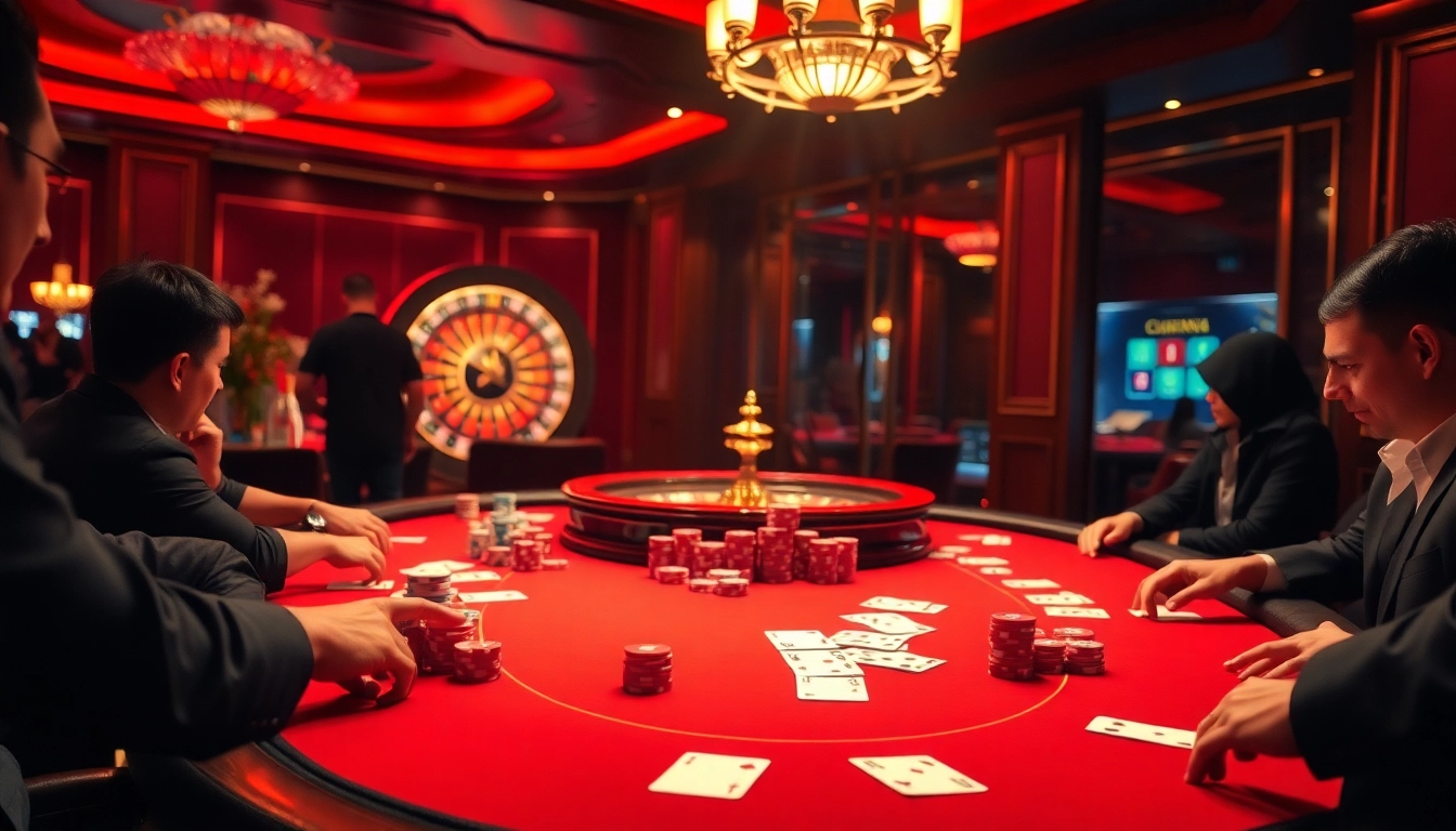 Xin88 casino players engaged in an exhilarating poker game with vibrant chips and cards.
