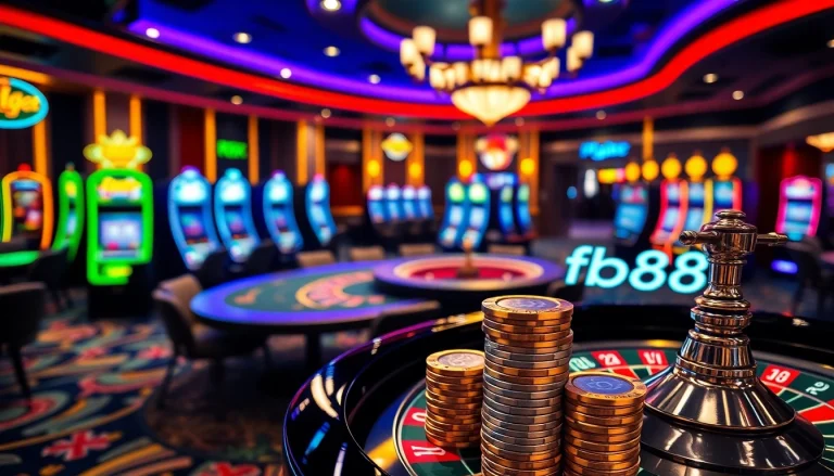 Experience the thrill of poker at FB68 with vibrant chips and a spinning roulette wheel.
