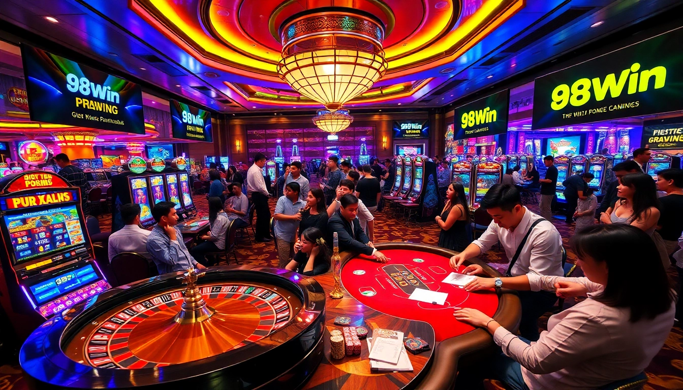 Exciting scene of gamblers enjoying games at 98Win casino with vibrant slot machines and roulette.