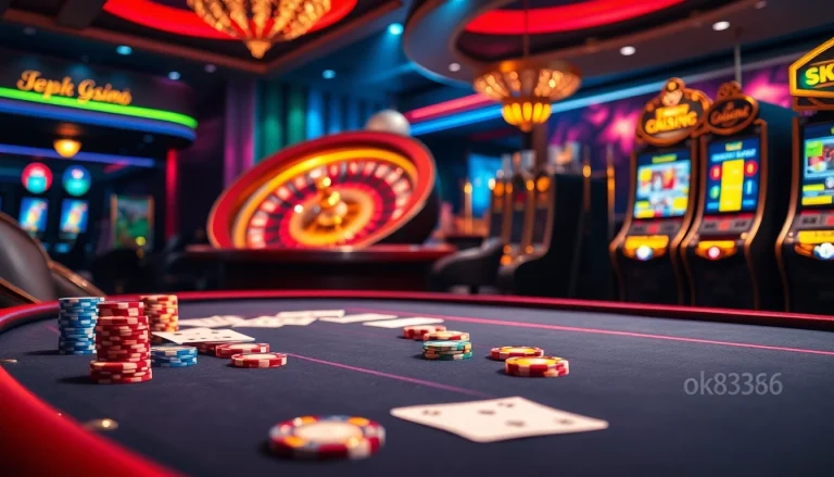 Experience the thrill of gambling at ok8386 with vibrant casino tables and chips, enticing players.