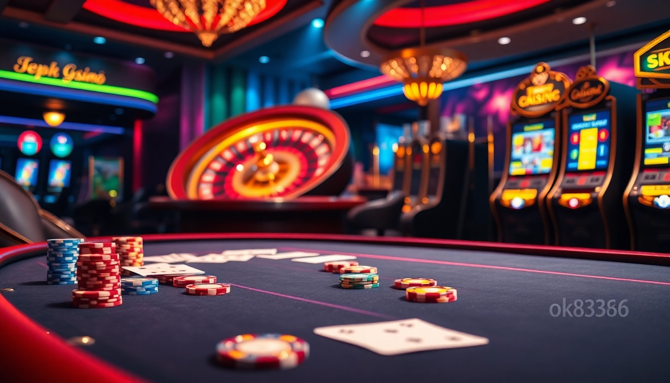 Experience the thrill of gambling at ok8386 with vibrant casino tables and chips, enticing players.