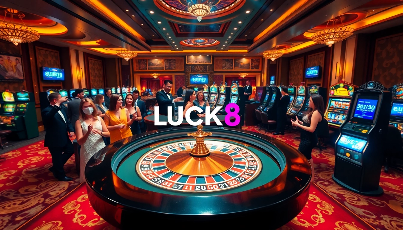 Experience thrilling wins at LUCK8's luxurious casino, filled with vibrant roulette tables and excited players.