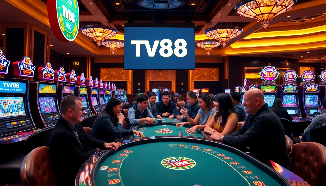 Casino players enjoying games with the TV88 logo featured prominently in a vibrant setting.