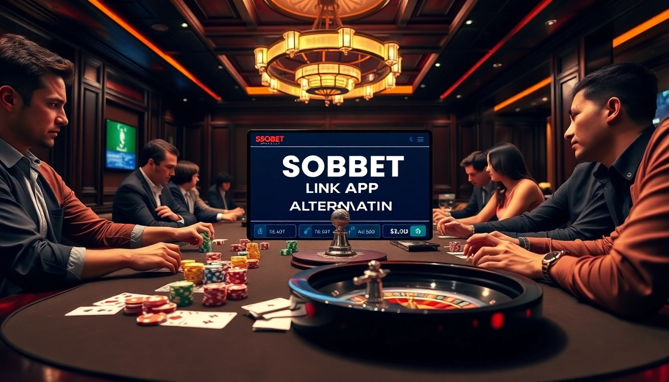 Action-packed scene of online sports betting at sbobet link alternatif with vibrant casino elements.
