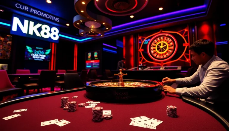 Engaging scene of casino players excitedly winning at NK88 gaming tables.