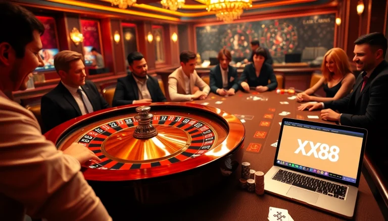 Players enjoying exciting games at XX88 casino, showcasing roulette and poker tables.