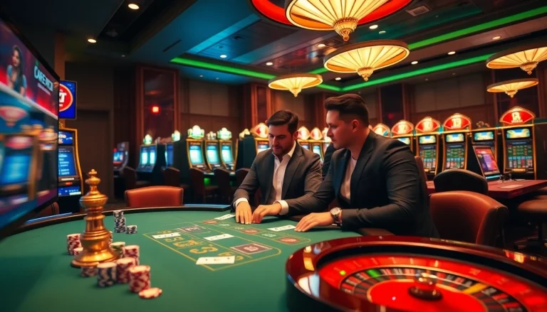 RR88 players engaged at a luxury poker table with vibrant casino elements.