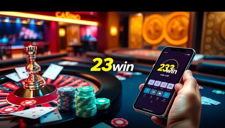Experience the excitement at 23win nhà cái with vibrant casino visuals of roulette and poker chips.