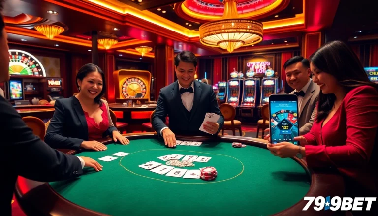 Players engaging in an exciting blackjack game at 789BET, showcasing a luxurious casino atmosphere.