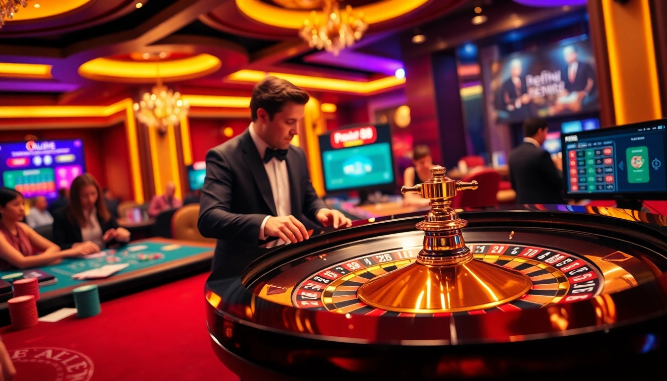 Experience the excitement of RR88Casino with a vibrant roulette wheel and eager players.