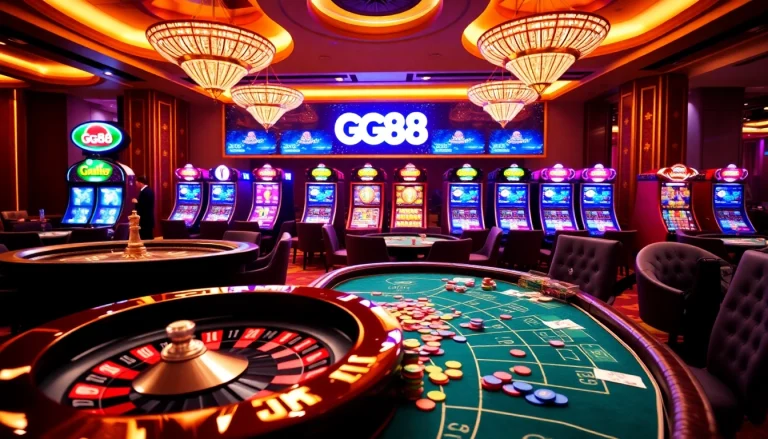 Experience the luxurious gaming atmosphere at GG88 with poker tables, roulette wheels, and vibrant slot machines.