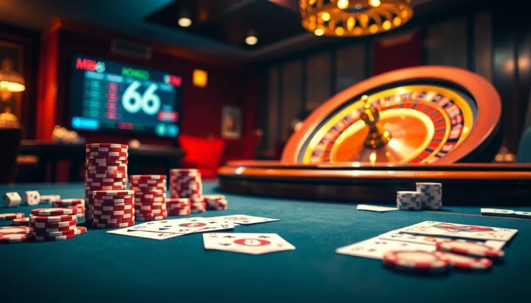 Engage with the exciting world of MB66 online casino, featuring poker tables and roulette wheels.