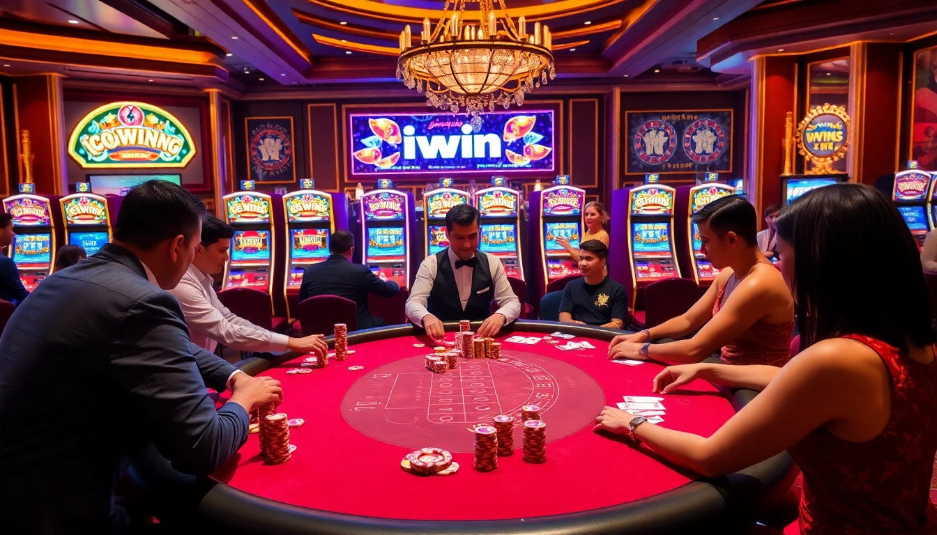Join the thrilling iwin poker game surrounded by colorful chips and lively casino ambiance.