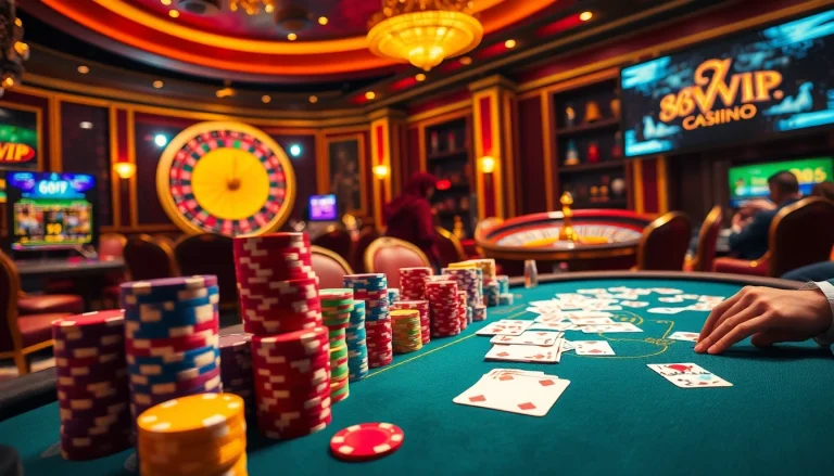 Engaging poker game at 68VIP casino with vibrant chips and cards.