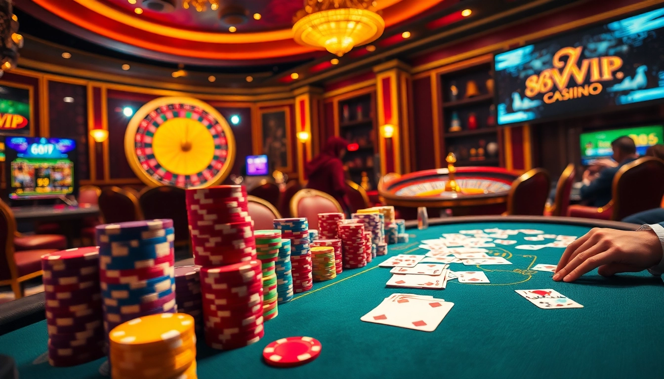 Engaging poker game at 68VIP casino with vibrant chips and cards.