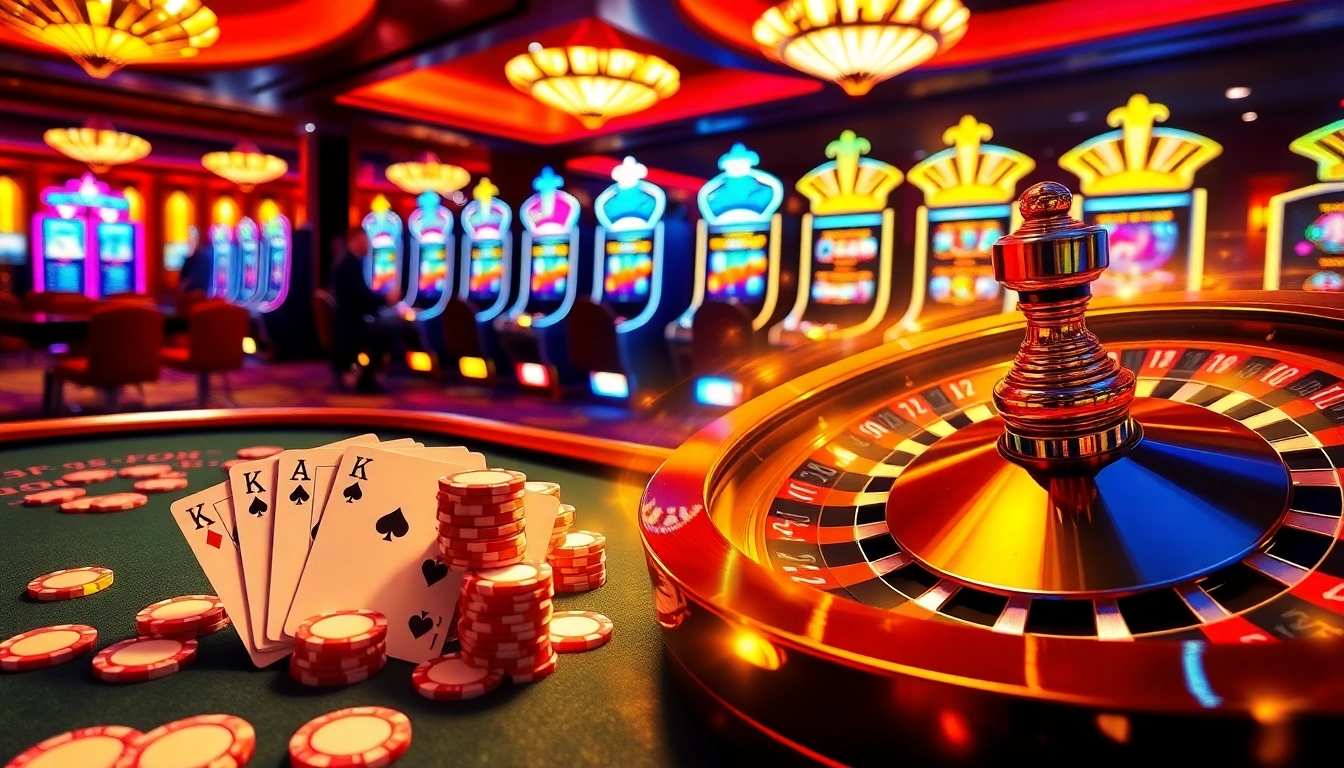 A lively casino scene at 33win.com with poker chips, cards, and a roulette wheel creating an exciting gambling environment.