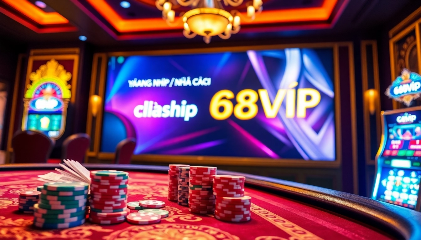 Experience the excitement of Đăng Nhập Nhà Cái 68VIP in a luxurious casino setting filled with vibrant games and colorful chips.