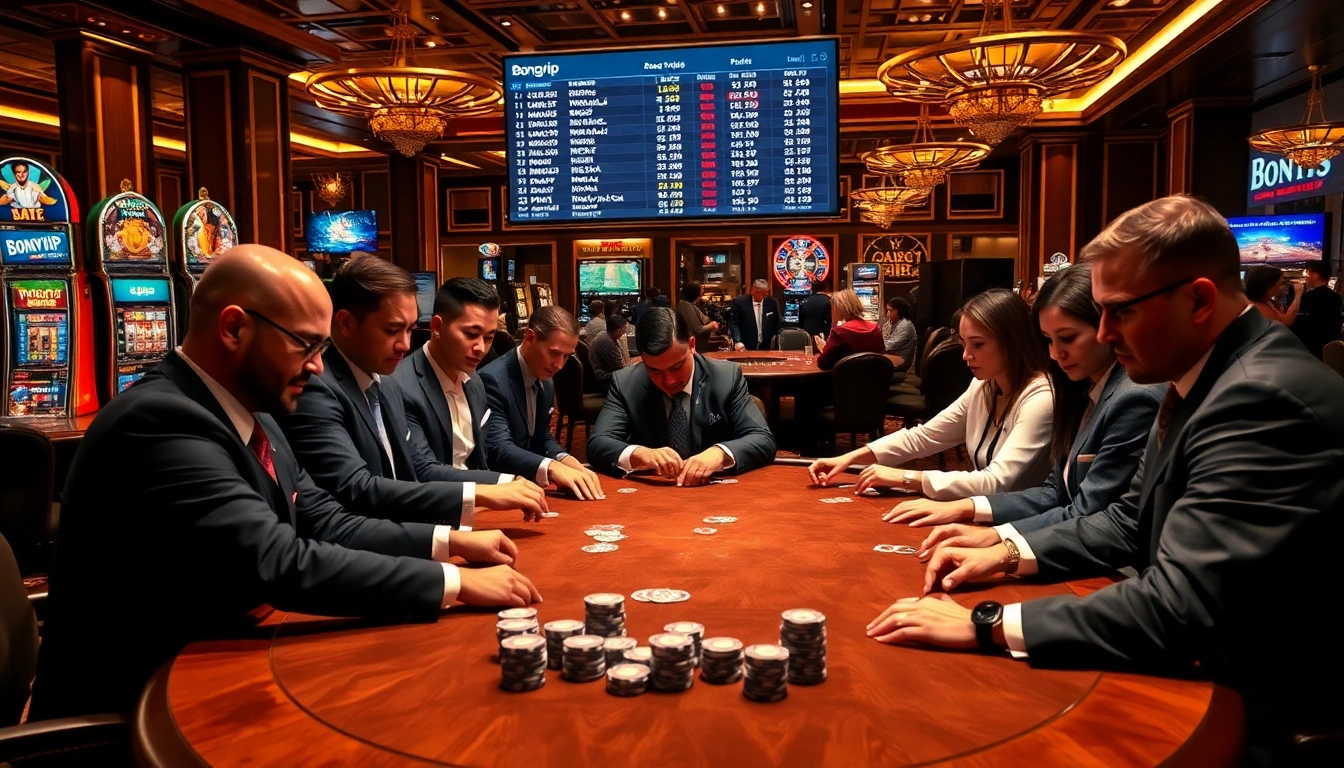 Bongvip offers a thrilling casino experience with poker chips, stacked cards, and live betting odds.