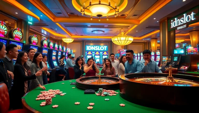 Players engaged in thrilling slot action at IDNSLOT casino, showcasing excitement and winnings.
