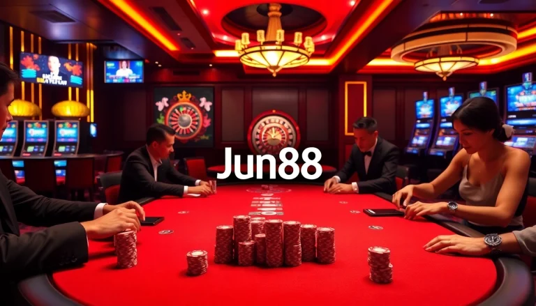Players enjoying a thrilling game at Jun88 casino, showcasing excitement and luxury.